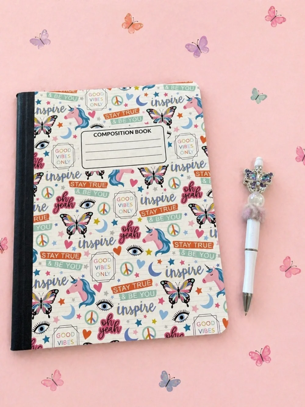 Beautiful rhinestone with faux fur bead, butterfly pen & Cute matching Notebook